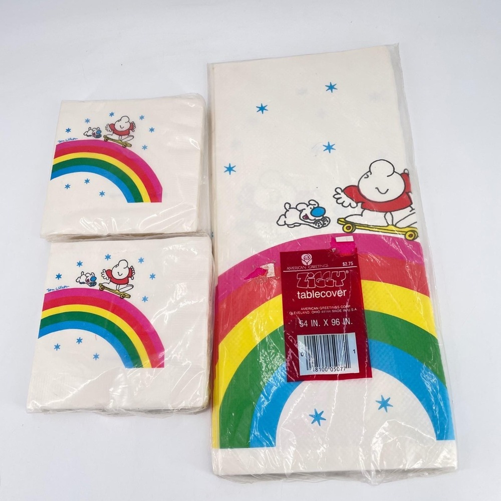 Vintage Ziggy Rainbow Tablecover and Napkins Set American Greetings 80s Retro